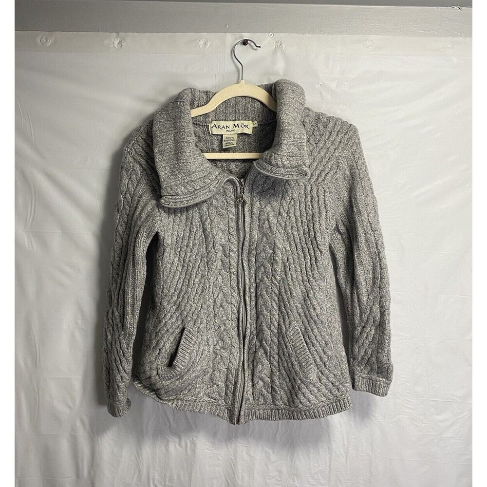 Aran Mor Ireland Cable Knit Fisherman Merino Wool Cardigan Sweater Gray Sz Small